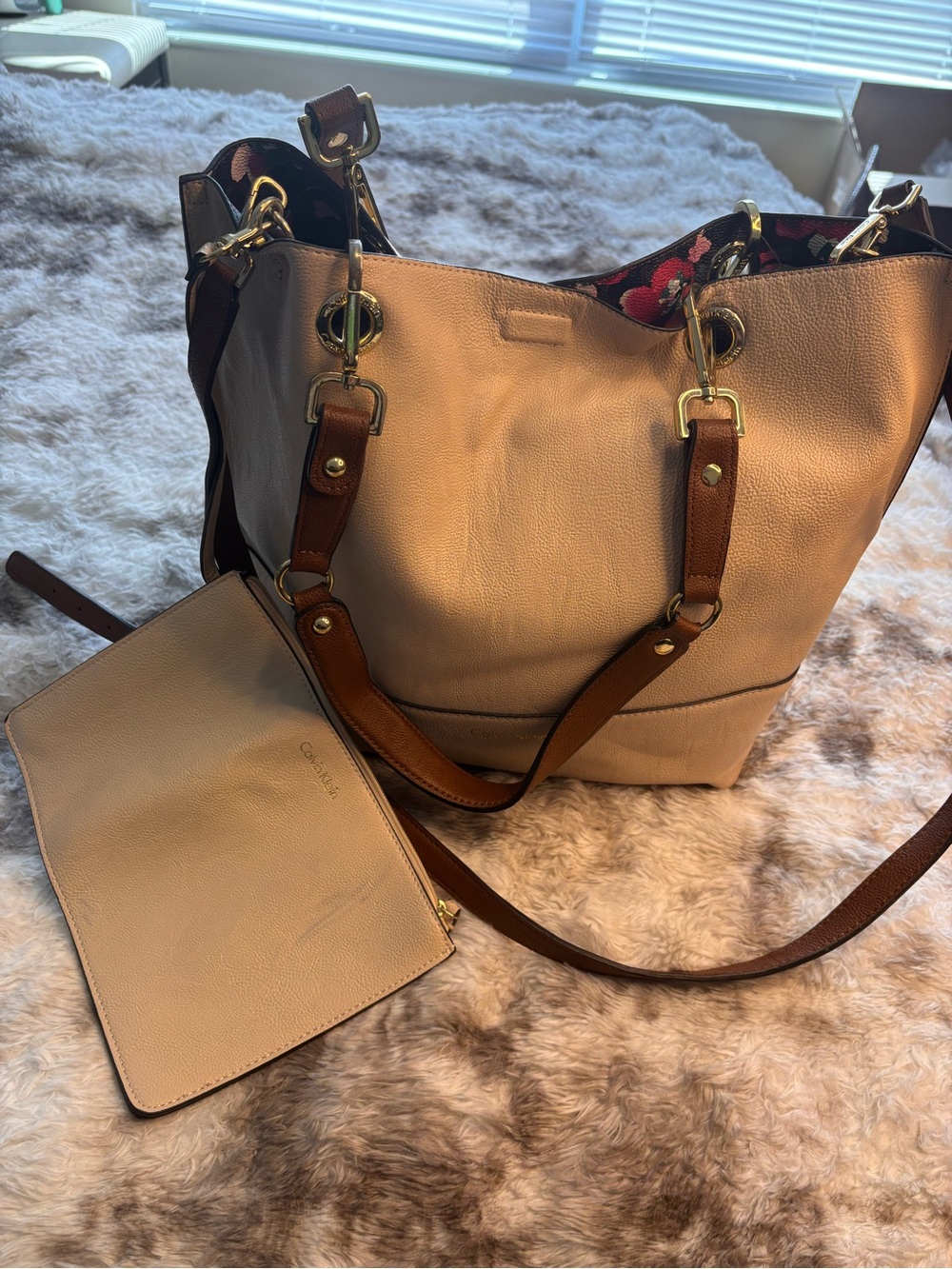 Calvin Klein Sonoma reversible Tote with Brown Straps and Gold Hardware